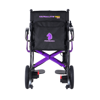 A lightweight, foldable wheelchair featuring a black seat, purple frame, and prominent rear wheels, with a backrest that displays “ULTRALITE 820” alongside a purple horse logo—reflecting Forcemech’s signature design as seen in the Forcemech Ultralite G20 PRO Carbon-Fiber Power Wheelchair.