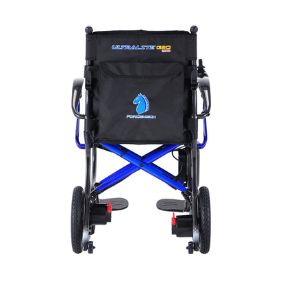 A lightweight, foldable wheelchair with a blue frame, black seat, and large rear wheels—crafted with Forcemech’s signature attention to detail. The Forcemech Ultralite G20 PRO Carbon-Fiber Power Wheelchair features the ULTRALITE 820 name and a distinctive blue horse logo on the backrest, highlighting its connection to Forcemech’s advanced carbon-fiber mobility series for superior performance and modern style.