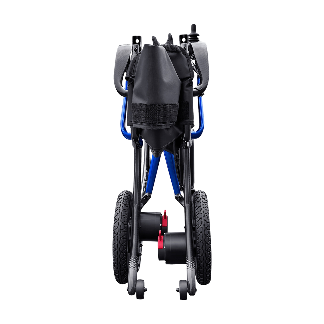 A rear view of the folded Forcemech Ultralite G20 PRO Carbon-Fiber Power Wheelchair, in black and blue, highlights its compact design with large rear wheels, small front wheels, and a black storage bag attached to the back. The wheelchair is set against a plain white background.