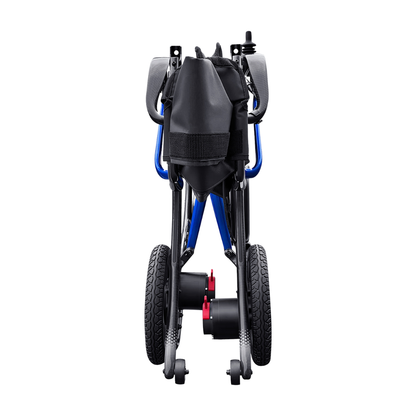 A rear view of the folded Forcemech Ultralite G20 PRO Carbon-Fiber Power Wheelchair, in black and blue, highlights its compact design with large rear wheels, small front wheels, and a black storage bag attached to the back. The wheelchair is set against a plain white background.