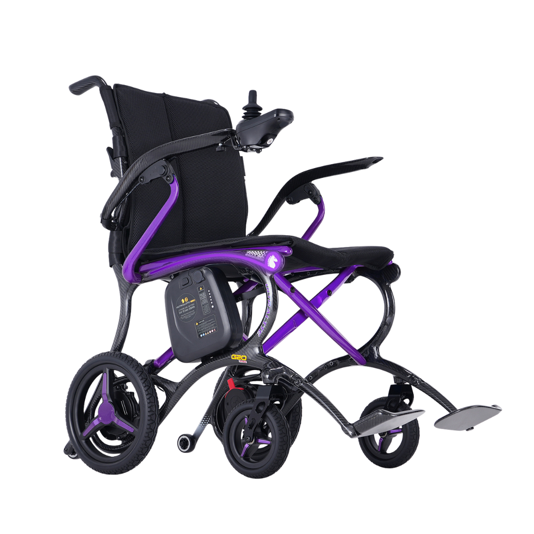 The Forcemech Ultralite G20 PRO Carbon-Fiber Power Wheelchair, featuring a modern purple and black carbon-fiber frame, padded seat and backrest, joystick control on the armrest, and a metal footrest, delivers both style and advanced performance.