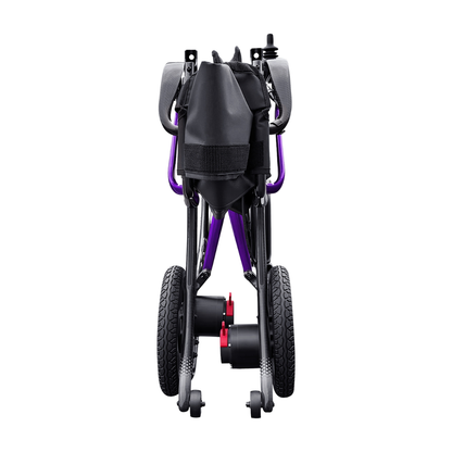 The Forcemech Ultralite G20 PRO Carbon-Fiber Power Wheelchair is displayed from the rear, featuring large rear wheels, small front wheels, a black seat, and purple frame accents. This lightweight, foldable wheelchair is compact and engineered for effortless transport or storage.