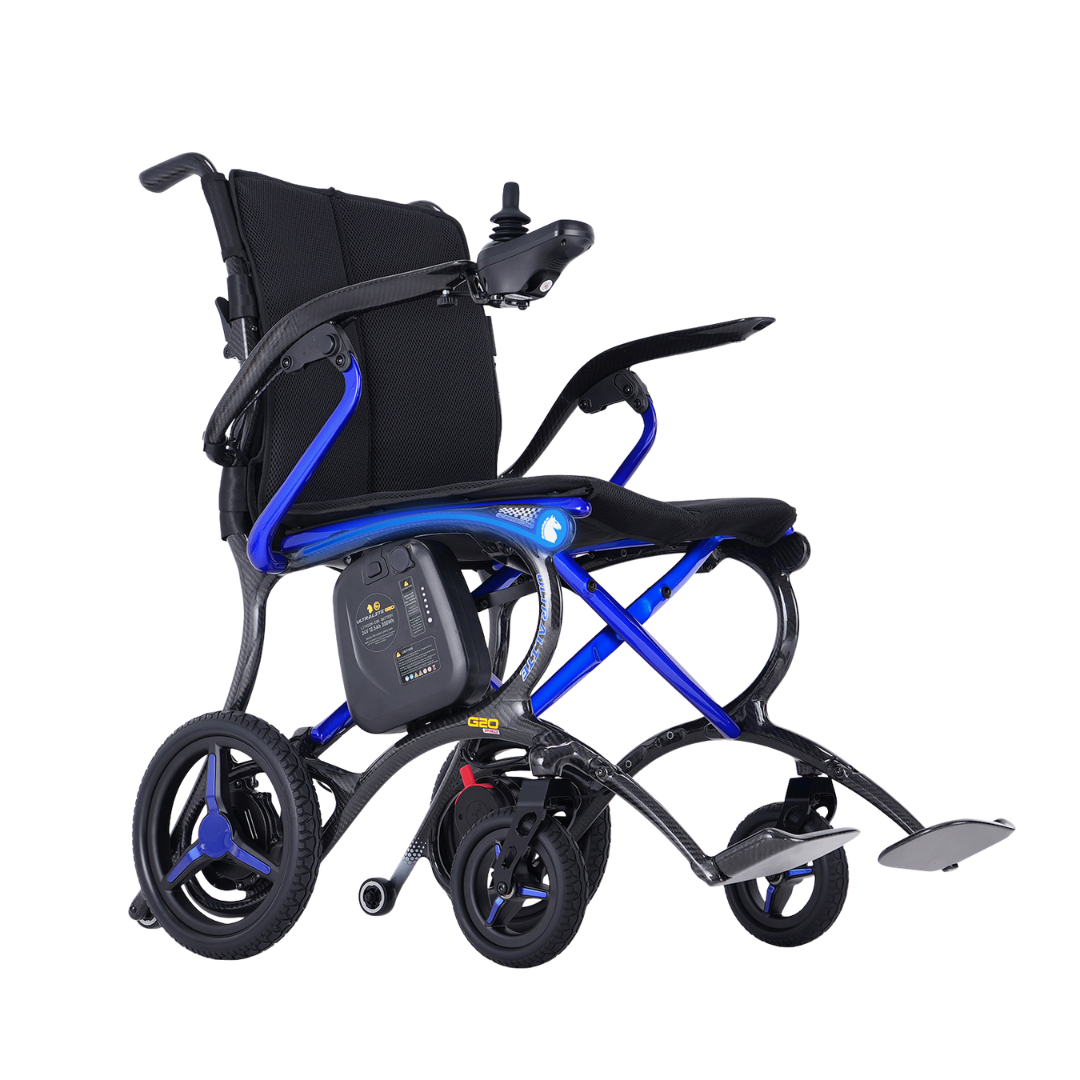 The Forcemech Ultralite G20 PRO Carbon-Fiber Power Wheelchair, shown in blue and black with a padded seat, armrests, joystick control, and a metal footrest, is displayed against a white background.