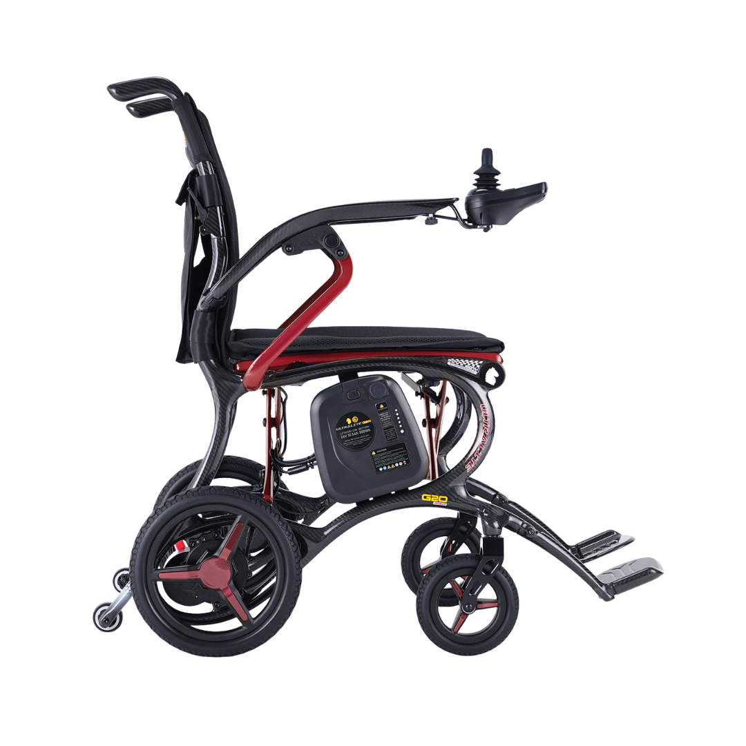 The Forcemech Ultralite G20 PRO Carbon-Fiber Power Wheelchair, shown from the side against a white background, features a modern black and red design with large rear wheels, smaller front wheels, footrests, and a joystick control on the armrest. Its carbon-fiber construction ensures both durability and contemporary style.