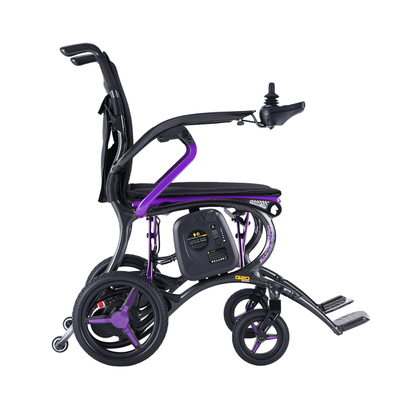 Introducing the Forcemech Ultralite G20 PRO Carbon-Fiber Power Wheelchair—a modern, lightweight mobility solution featuring a sleek black frame with striking purple accents. Designed with advanced carbon-fiber technology, this electric wheelchair includes intuitive joystick control on the armrest, large rear wheels for stability, and small front wheels for maneuverability—all shown in an elegant side profile view.