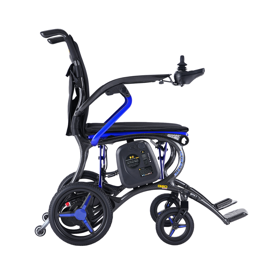 The Forcemech Ultralite G20 PRO Carbon-Fiber Power Wheelchair is a lightweight electric wheelchair in black and blue, shown from the side, featuring a joystick controller, small rear wheels, large front wheels, and foldable footrests. Designed with durable carbon fiber for easy transport without sacrificing strength.