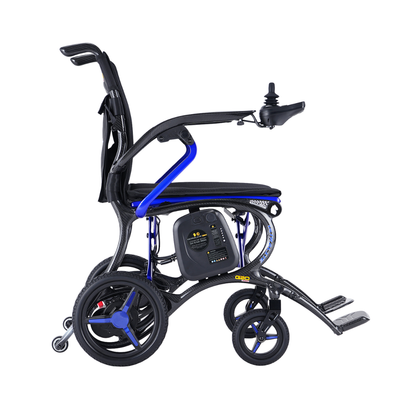 The Forcemech Ultralite G20 PRO Carbon-Fiber Power Wheelchair is a lightweight electric wheelchair in black and blue, shown from the side, featuring a joystick controller, small rear wheels, large front wheels, and foldable footrests. Designed with durable carbon fiber for easy transport without sacrificing strength.