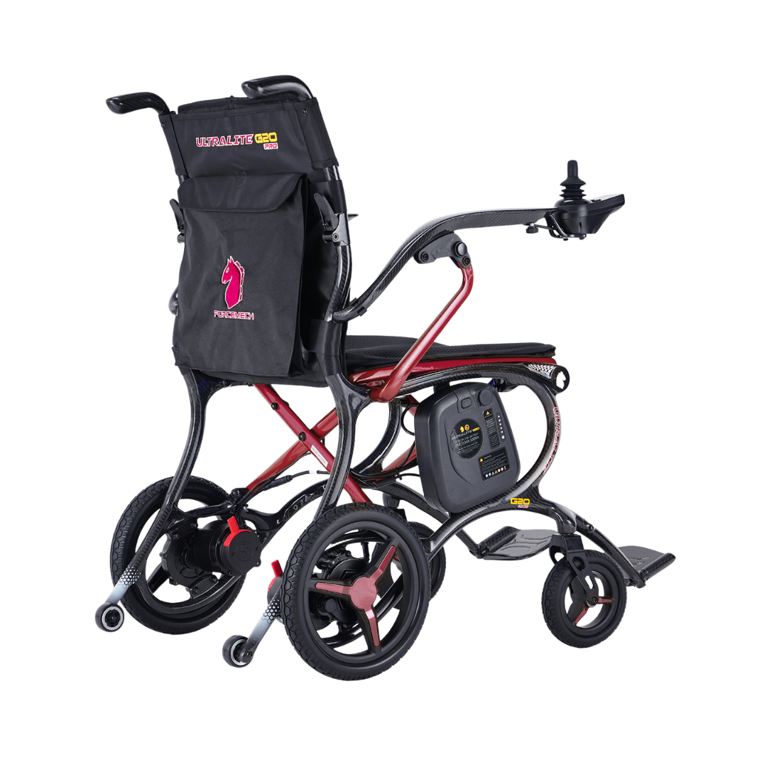 The Forcemech Ultralite G20 PRO Carbon-Fiber Power Wheelchair is a lightweight, foldable electric wheelchair featuring a black and red carbon-fiber frame, joystick control on the armrest, compact wheels, and a black bag with a horse logo attached to the back.