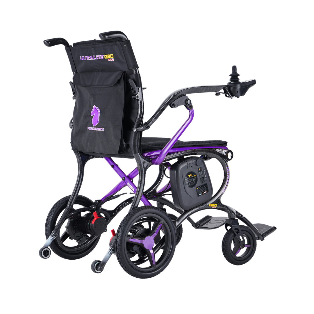 The Forcemech Ultralite G20 PRO Carbon-Fiber Power Wheelchair is a lightweight, foldable mobility aid featuring a sleek black and purple frame, side control panel, rear storage pouch, and small front wheels for easy maneuverability.