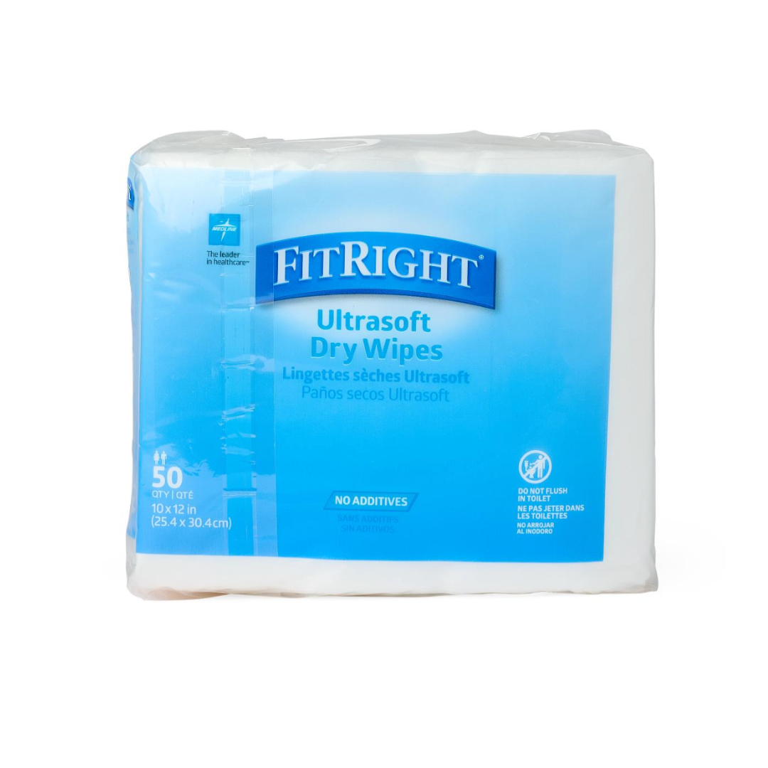 A package of Medline Ultrasoft Disposable Dry Cleansing Cloths with a blue and white label. Contains 50 fragrance-free, 10 x 12-inch cloths. Label reads No Additives, ideal for incontinence care, with info in English and Spanish.