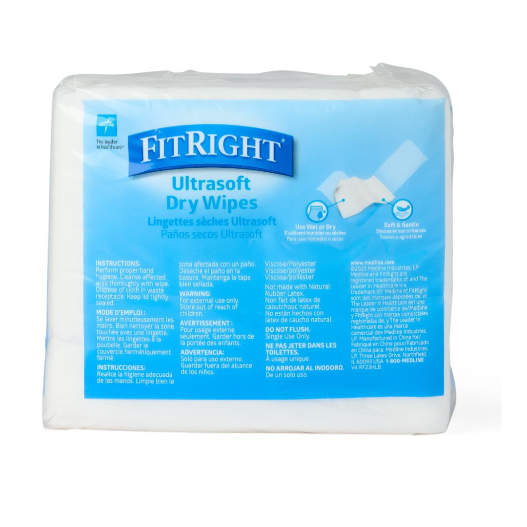 A package of Medline Ultrasoft Disposable Dry Cleansing Cloths, for incontinence care, features a blue and white design with English and Spanish details, highlighting their softness for gentle use as disposable wipes.