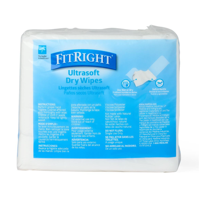 A package of Medline Ultrasoft Disposable Dry Cleansing Cloths, for incontinence care, features a blue and white design with English and Spanish details, highlighting their softness for gentle use as disposable wipes.
