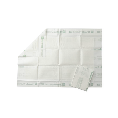 Medline Ultrasorbs Advanced+ Premium Underpads: large, white, unfolded sterile pad with green label and superabsorbent core plus a smaller folded section on top—both labeled “Ultrason” with usage instructions for enhanced patient care.