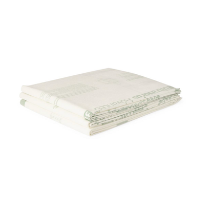 A neatly folded Medline Ultrasorbs Advanced+ Premium Underpad, light in color with subtle green text and designs, lies on a white background—ideal for patient care due to its high absorbency.