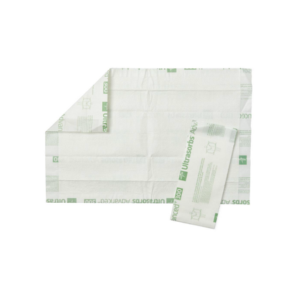Medline Ultrasorbs Advanced+ Premium Underpads are large rectangular white underpads with green text and a superabsorbent polymer core, designed to efficiently manage wound exudate for enhanced patient care.