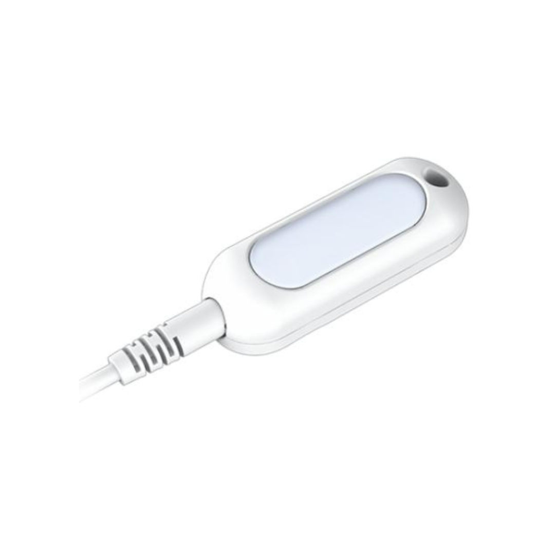A white, rectangular Under Bed Light for the Invacare CS600 Bed features a rounded edge and is attached to a cord. Its button includes a light blue center with a small hole near the top for easy hanging or attachment. Serving as a practical bed assist accessory, it integrates seamlessly into any repositioning aid setup and is ideal for use with Invacare CS600 Series beds.