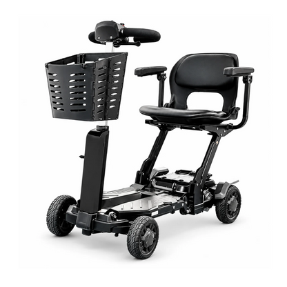 A Fold & Go Revolutionary Height Adjusting Scooter | VOCIC D91 four-wheeled mobility scooter featuring a black seat, padded handlebars, and a front-mounted storage basket.