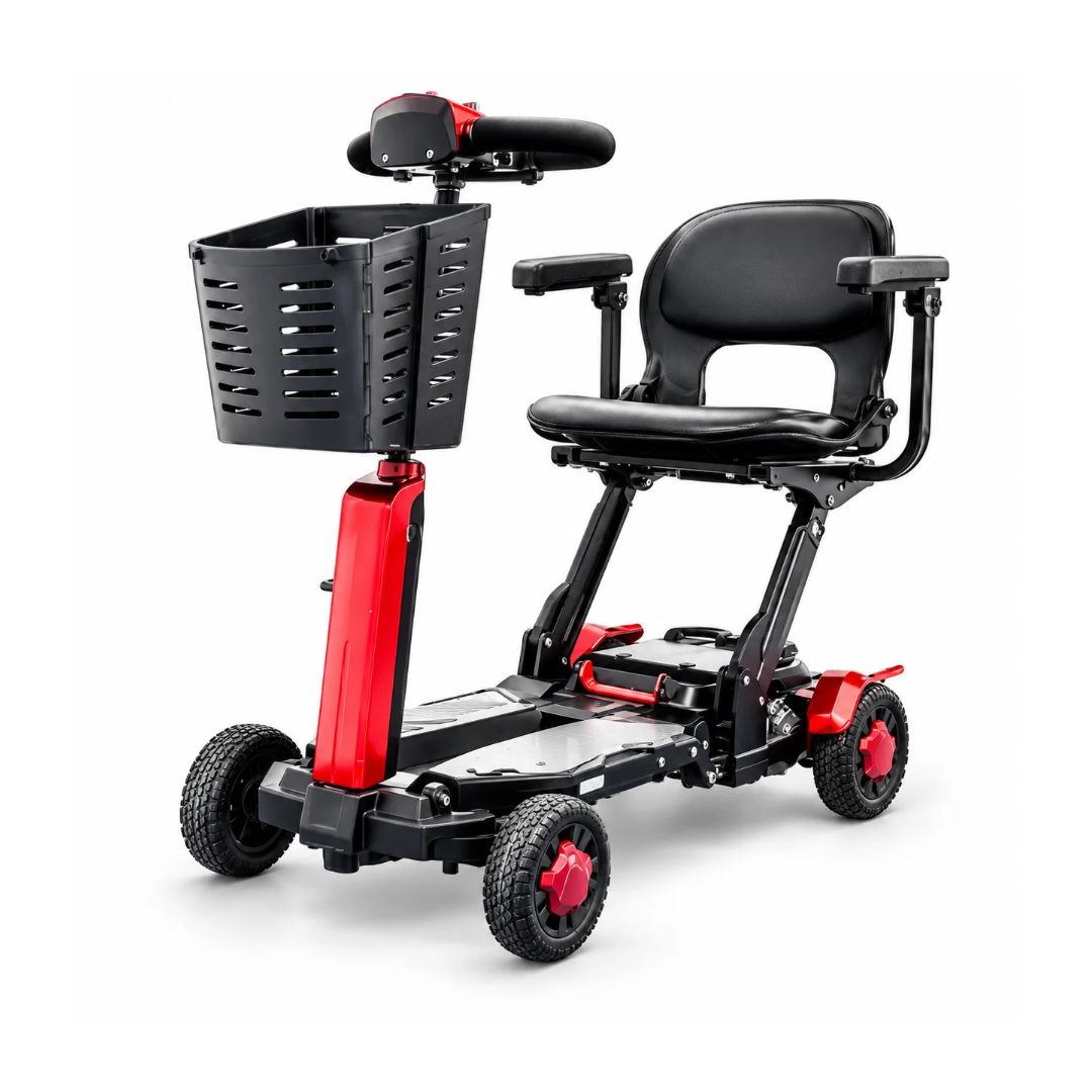 Fold & Go Revolutionary Height Adjusting Scooter | VOCIC D91 four-wheeled mobility scooter with a padded seat, armrests, and a front storage basket.