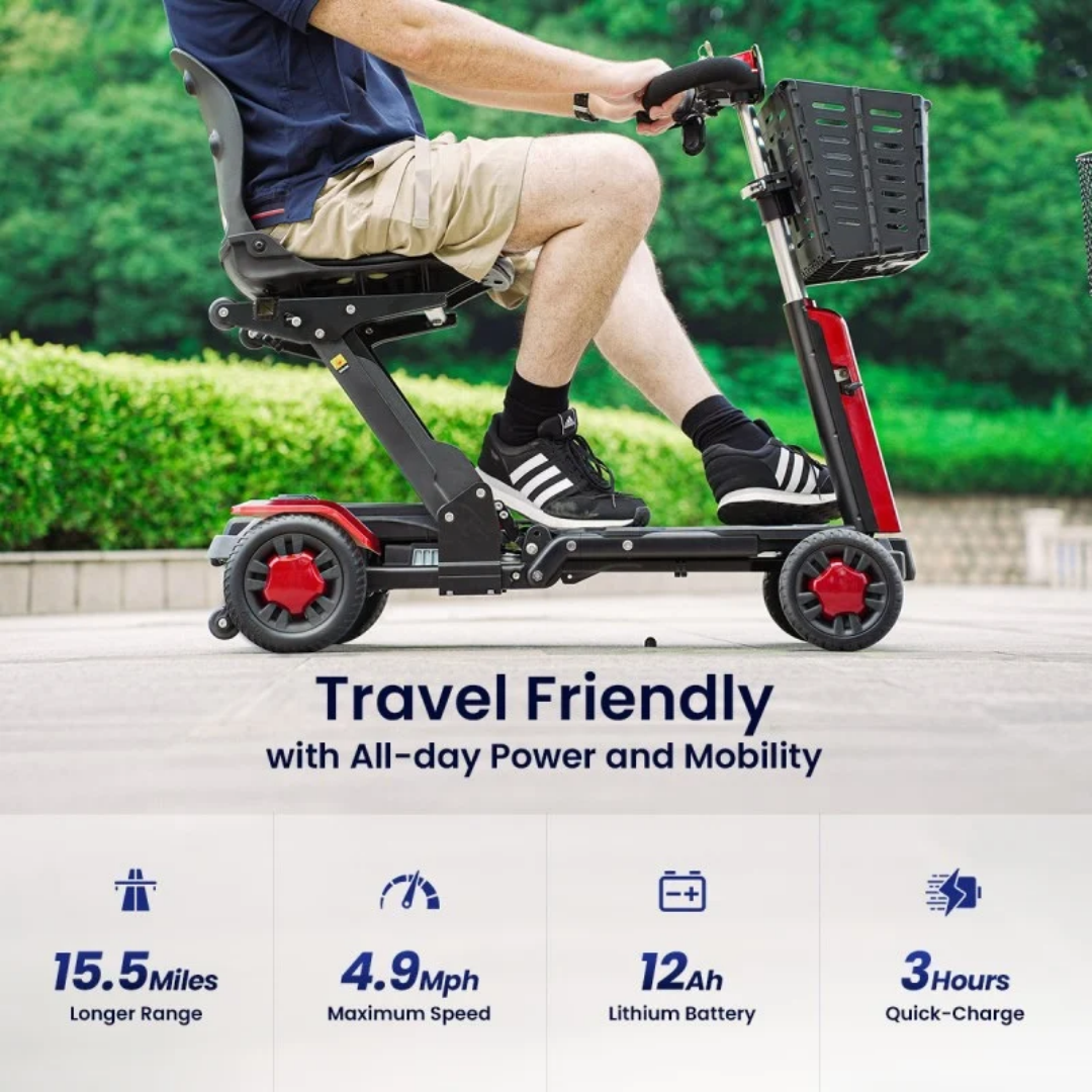 A person sits on a red and black Fold & Go Revolutionary Height Adjusting Scooter | VOCIC D91, which offers a 15.5-mile range, 4.9 mph top speed, 12Ah lithium battery, and 3-hour quick-charge capability.