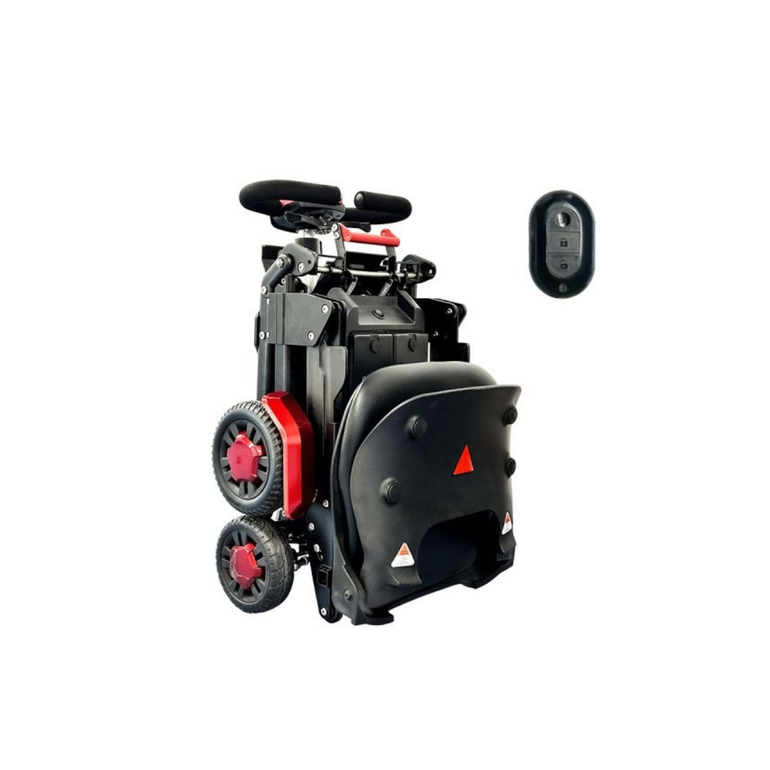 A folded Fold & Go Revolutionary Height Adjusting Scooter | VOCIC D91 with red accents and a wireless remote control.