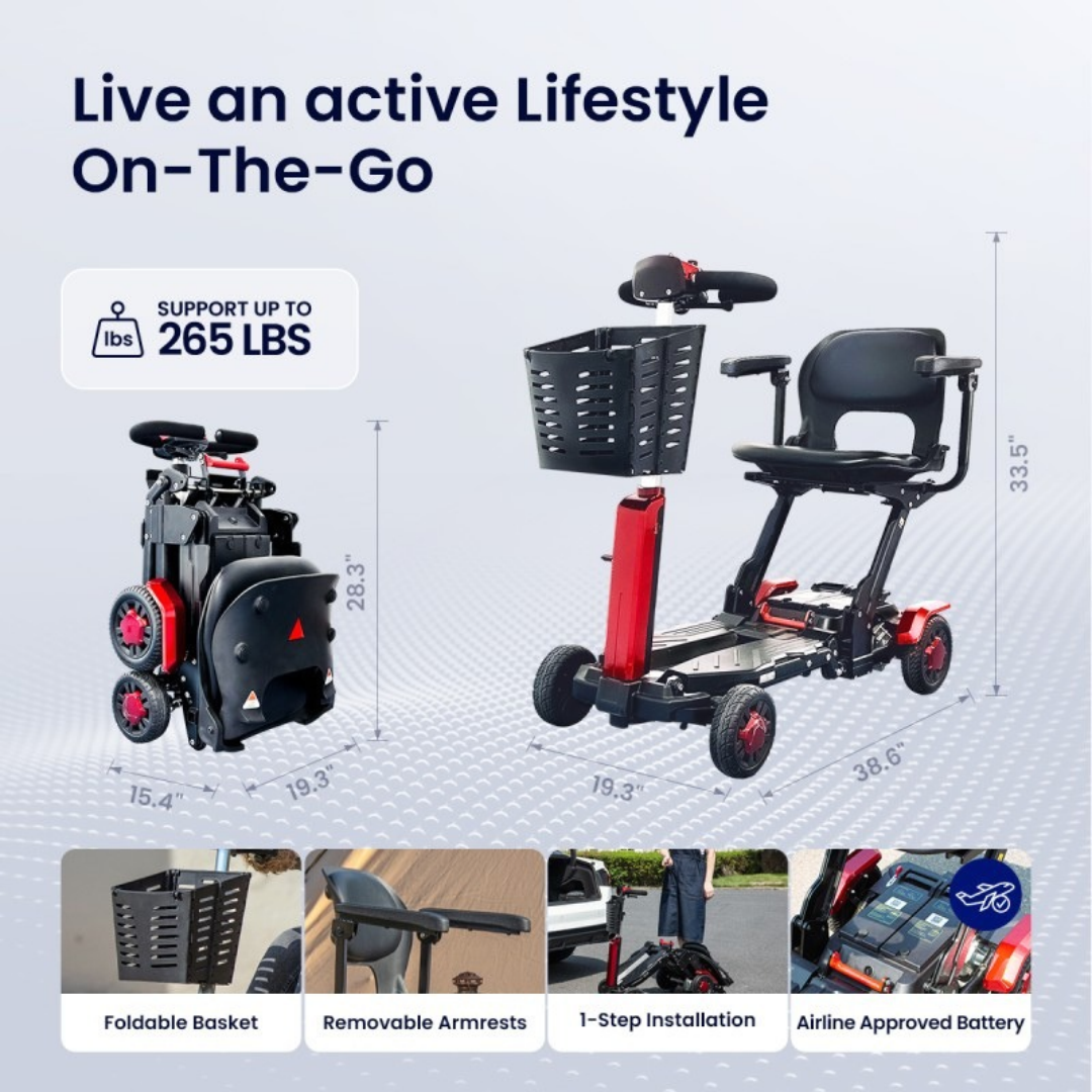 The Fold & Go Revolutionary Height Adjusting Scooter | VOCIC D91 is shown in folded and assembled positions, with labels highlighting its basket, removable armrests, simple installation, and airline-approved battery.