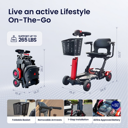 The Fold & Go Revolutionary Height Adjusting Scooter | VOCIC D91 is shown in folded and assembled positions, with labels highlighting its basket, removable armrests, simple installation, and airline-approved battery.