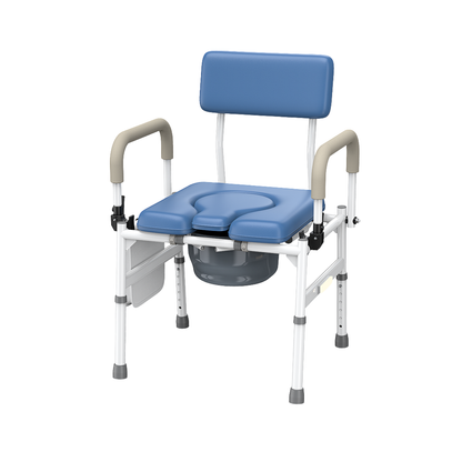 The Adjustable Bariatric Padded Commode Chair | VOCIC YR11 features a blue and white adjustable design with padded seat, backrest, armrests, and a removable bucket underneath for convenient toileting assistance.