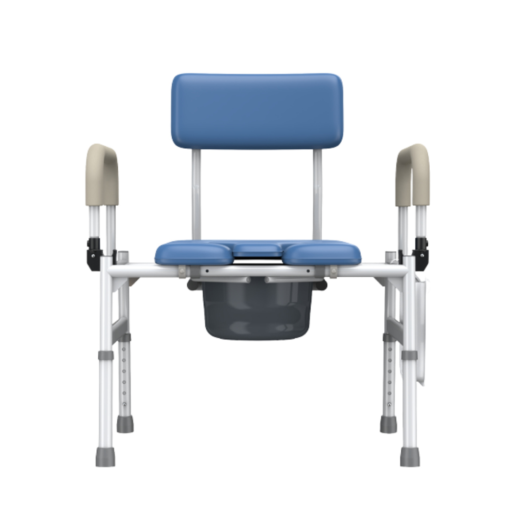 A blue and beige Adjustable Bariatric Padded Commode Chair | VOCIC YR11, featuring adjustable legs, padded armrests, and a removable bucket beneath the seat, designed for assisted toileting.