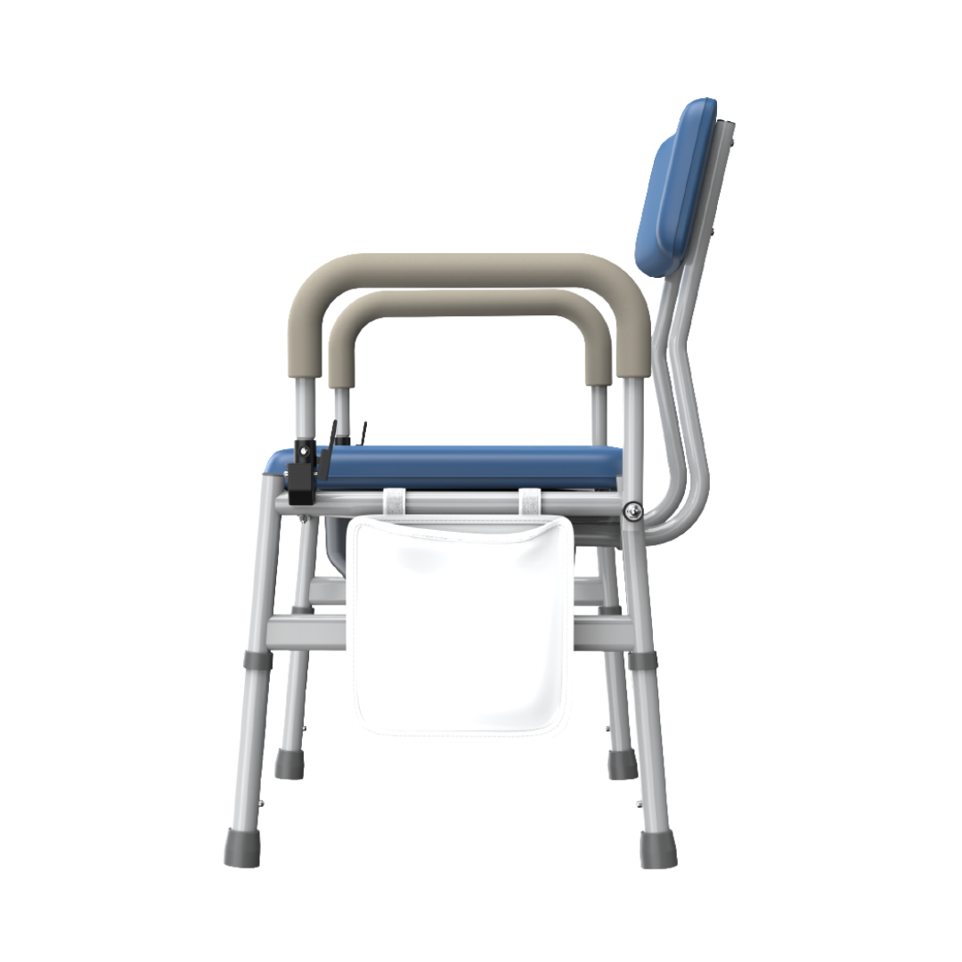 A side view of the Adjustable Bariatric Padded Commode Chair | VOCIC YR11, featuring a padded seat, armrests, backrest, and a removable bucket underneath. The chair is designed with sturdy metal legs and rubber tips for enhanced stability.