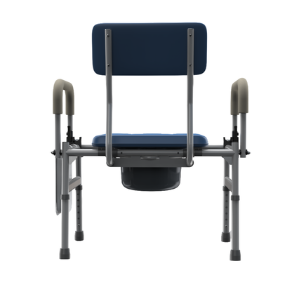 An Adjustable Bariatric Padded Commode Chair | VOCIC YR11, featuring a blue seat and backrest, grey frame, adjustable legs, armrests, and a removable bucket under the seat.