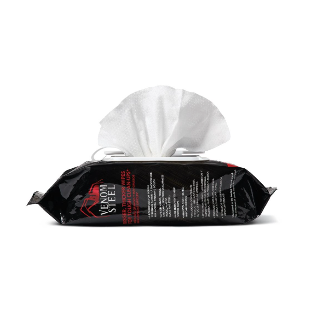 A pack of Medline Venom Steel Wipes with Scrubbing Beads, shown against a white background, features one wipe partially pulled out and ready to tackle tough messes.