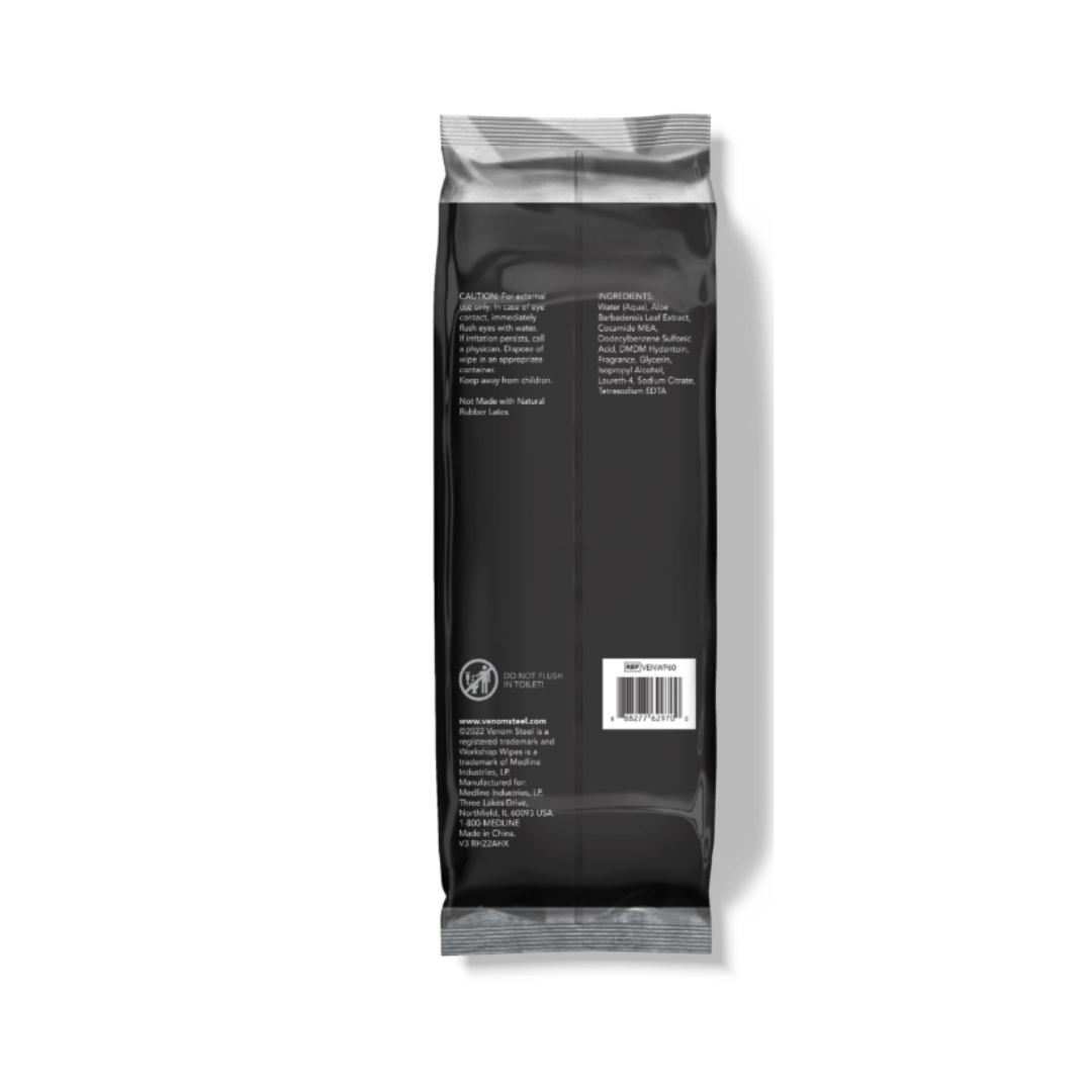 Back view of a black Medline Venom Steel Wipes with Scrubbing Beads package showing ingredients, barcode, and product info in white text—ideal for cleaning tough messes—on a plain white background.