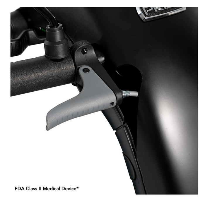 Close-up of a gray brake lever on the handlebar of a black Pride Mobility Victory® Platinum Bariatric 4-Wheel Scooter. FDA Class II Medical Device* is displayed in the lower left corner.