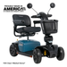 A blue and black Pride Mobility Victory® Platinum Bariatric 4-Wheel Scooter with padded seat, armrests, basket, mirrors, and EZ Turn Technology. Text: PROUDLY MADE IN AMERICA & FDA Class II Medical Device*.