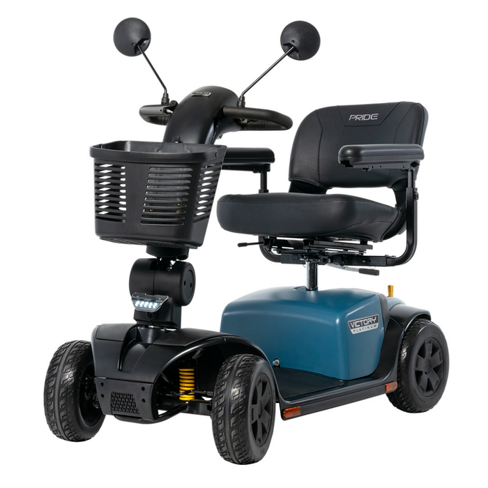The Pride Mobility Victory® Platinum Bariatric 4-Wheel Scooter features a blue base, padded black seat and armrests, front basket, dual rearview mirrors, and EZ Turn Technology for smooth personal mobility.