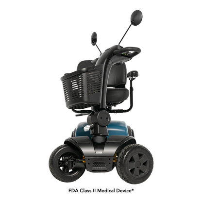 A rear view of the Pride Mobility Victory® Platinum Bariatric 4-Wheel Scooter with EZ Turn technology, a large basket on the backrest, and rearview mirrors on both handlebars. Text below reads FDA Class II Medical Device*.
