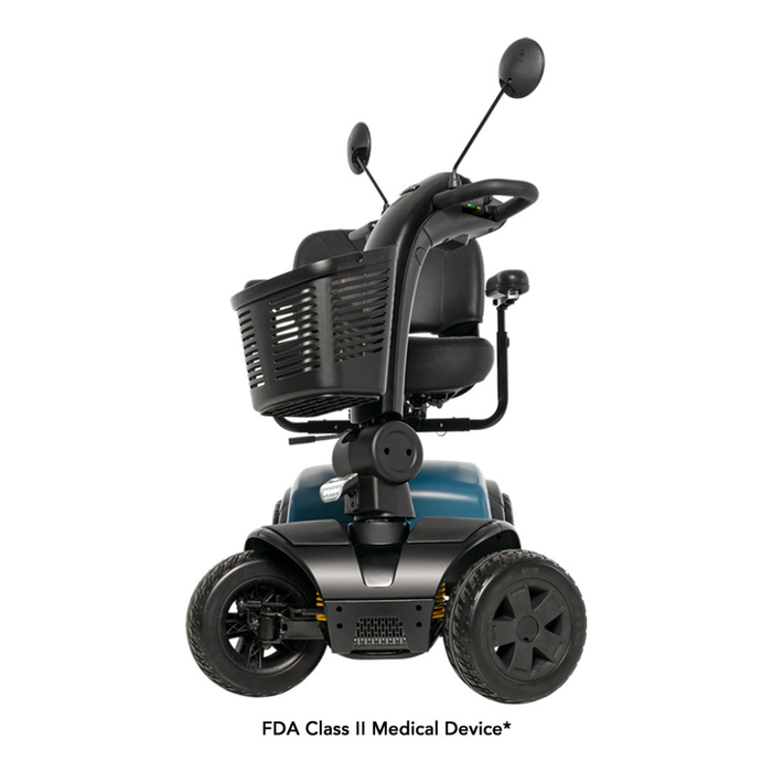 A rear view of the Pride Mobility Victory® Platinum Bariatric 4-Wheel Scooter with EZ Turn technology, a large basket on the backrest, and rearview mirrors on both handlebars. Text below reads FDA Class II Medical Device*.