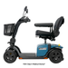 The Pride Mobility Victory® Platinum Bariatric 4-Wheel Scooter in blue features EZ Turn technology, a black seat with armrests, a front basket, and handlebars. Shown in profile on white. Text reads: FDA Class II Medical Device.