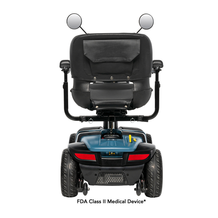 Rear view of the Pride Mobility Victory® Platinum Bariatric 4-Wheel Scooter in blue, featuring a black seat, rearview mirrors, wide tires, and EZ Turn technology. Text below reads: FDA Class II Medical Device*.