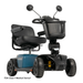 The Pride Mobility Victory® Platinum Bariatric 4-Wheel Scooter in blue and black features a cushioned seat, armrests, rear-view mirrors, four wheels, front basket, and EZ Turn technology. FDA Class II Medical Device* (bottom left).