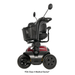 A Pride Mobility Victory® Platinum Bariatric 4-Wheel Scooter shown from the back, with a black seat, rearview mirrors, storage basket, red and black base. Text: FDA Class II Medical Device.