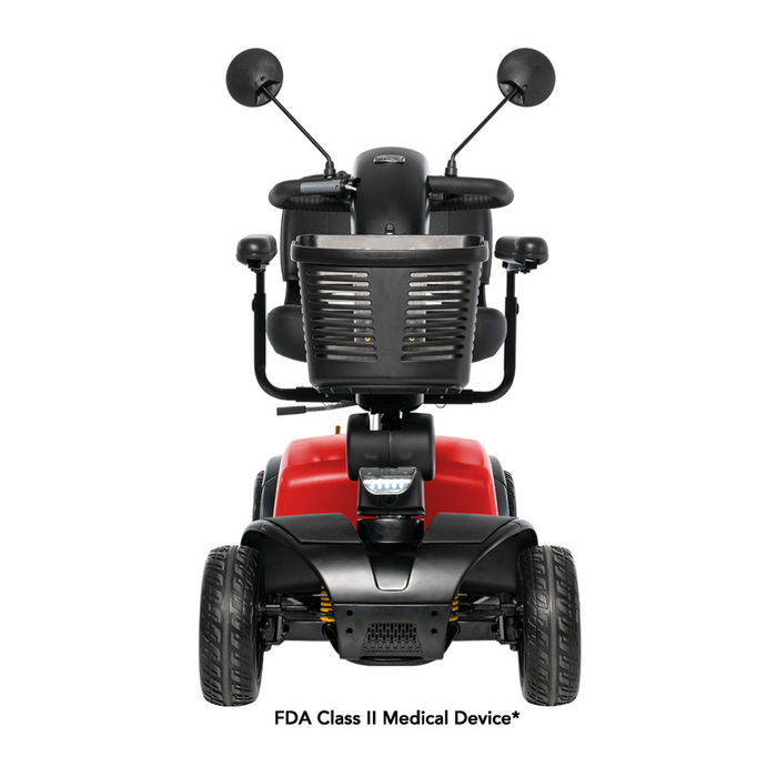 Front view of the Pride Mobility Victory® Platinum Bariatric 4-Wheel Scooter in red and black with EZ Turn, padded seat, backrest, armrests, side mirrors, and four wheels. Text below: FDA Class II Medical Device*.