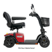 Side view of a red Pride Mobility Victory® Platinum Bariatric 4-Wheel Scooter with black seat, armrests, handlebars, and front basket. Features Charge360 Magnetic Charging. Text below: FDA Class II Medical Device.