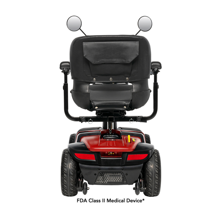 Rear view of a red Pride Mobility Victory® Platinum Bariatric 4-Wheel Scooter with a black seat, side mirrors, sturdy wheels, FDA Class II Medical Device label, and Charge360 Magnetic Charging.