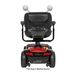 Rear view of a red Pride Mobility Victory® Platinum Bariatric 4-Wheel Scooter with a black seat, side mirrors, sturdy wheels, FDA Class II Medical Device label, and Charge360 Magnetic Charging.