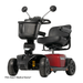 The Pride Mobility Victory® Platinum Bariatric 4-Wheel Scooter features a red base, black seat with armrests, front basket, rearview mirrors, Charge360 Magnetic Charging, and is an FDA Class II medical device.