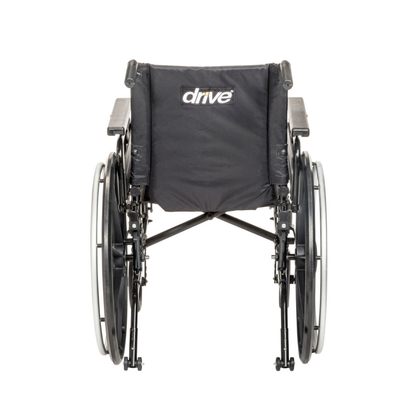 The Drive Viper Plus GT Wheelchair, shown from the back, features a lightweight black aluminum frame, Universal Armrests, a reclining backrest, large wheels, and “drive” printed in white on the fabric backrest.
