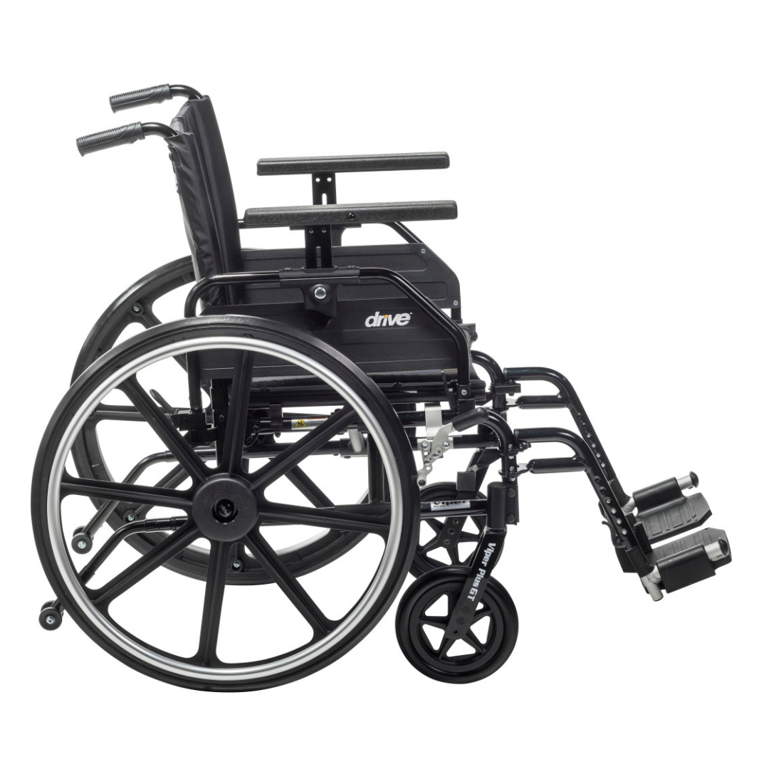The Drive Viper Plus GT Wheelchair with universal armrests and a reclining backrest is shown in black, side view on a white background, featuring large rear wheels, smaller front wheels, footrests, and the drive logo.