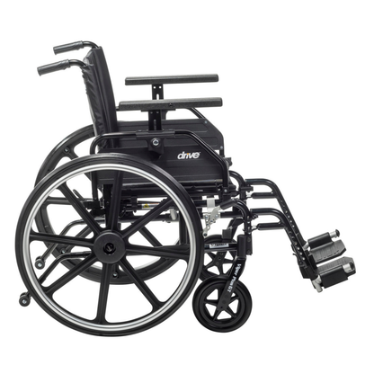 The Drive Viper Plus GT Wheelchair with universal armrests and a reclining backrest is shown in black, side view on a white background, featuring large rear wheels, smaller front wheels, footrests, and the drive logo.