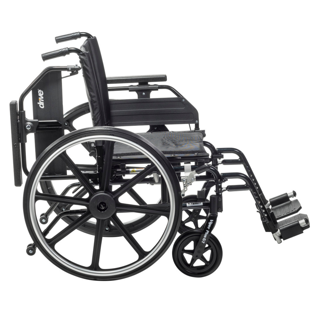 The Drive Viper Plus GT Wheelchair, shown from the side on a white background, features a lightweight black aluminum frame, universal armrests, reclining backrest, large rear wheels, and smaller front wheels with footrests.